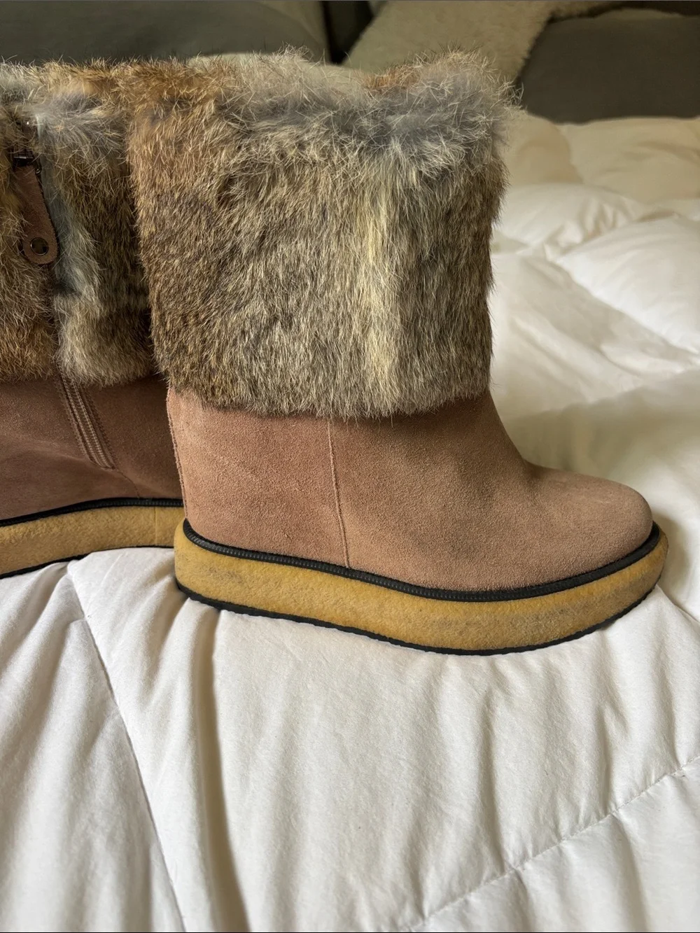 Paloma Barcelo Tan Suede Winter Boots with Faux Fur Cuff